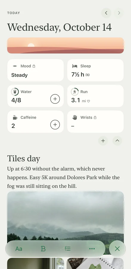 The Journal, to the left of Today: today’s trackers for mood, sleep, water and a run, and a short entry called Tiles day with a photo.